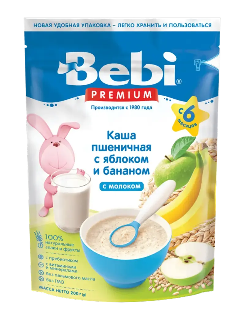 Каша детская молочная Bebi пшеничная яблоко-банан 6+ мес