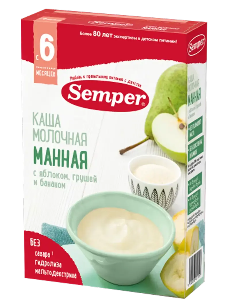 Каша детская Semper молочная манная яблоко-груша-банан 6+ мес
