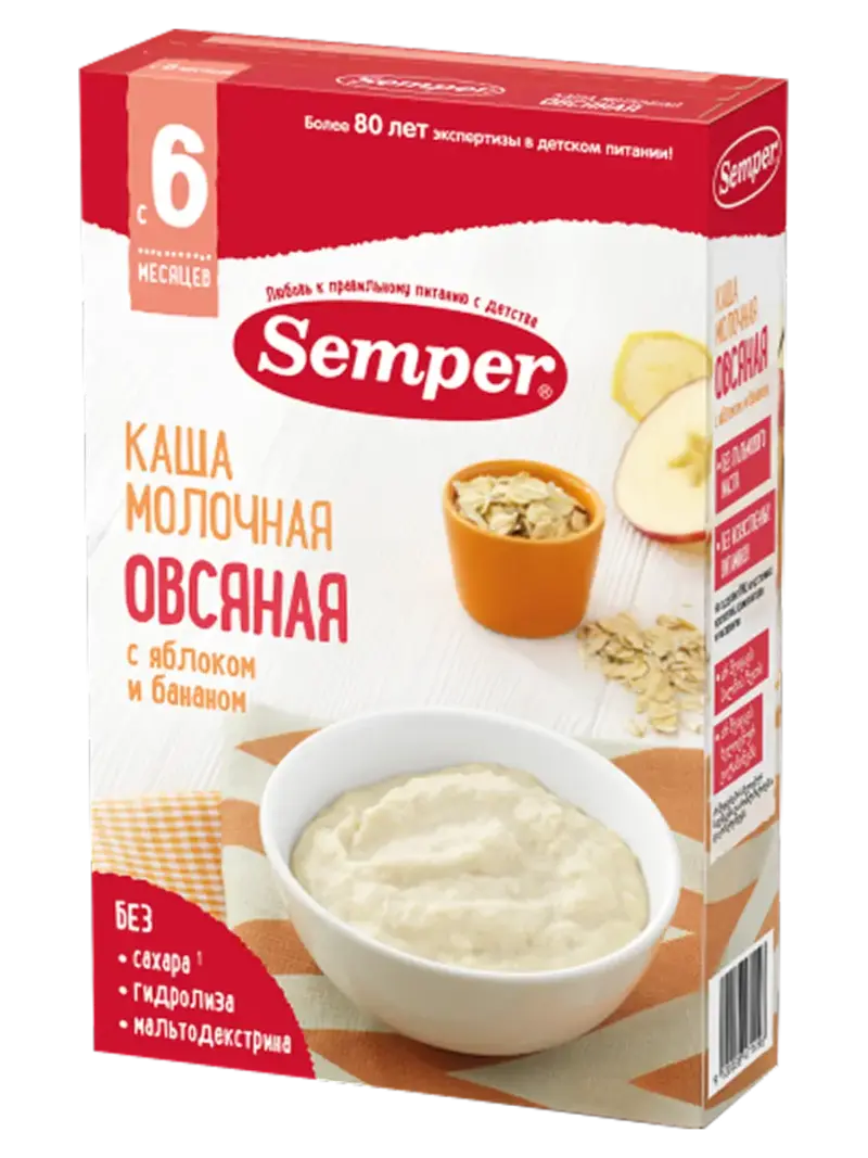 Каша детская Semper молочная овсяная яблоко-банан 6+ мес