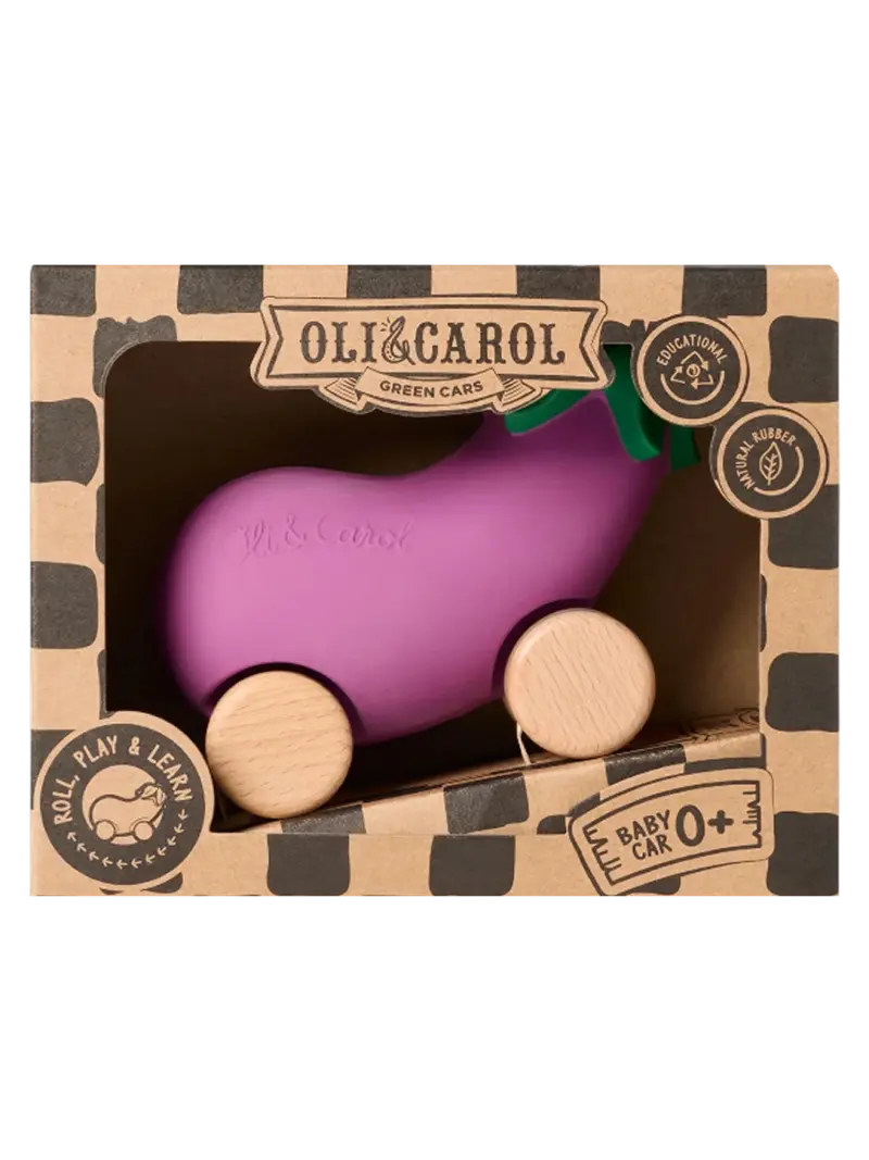Игрушка-каталка прорезыватель из каучука на деревянных колесах Oli&Carol Машинка Арбуз