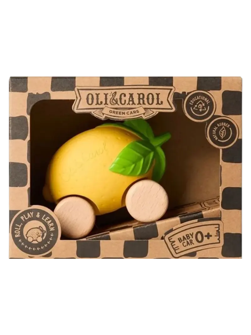 Игрушка-каталка прорезыватель из каучука на деревянных колесах Oli&Carol Машинка Авокадо