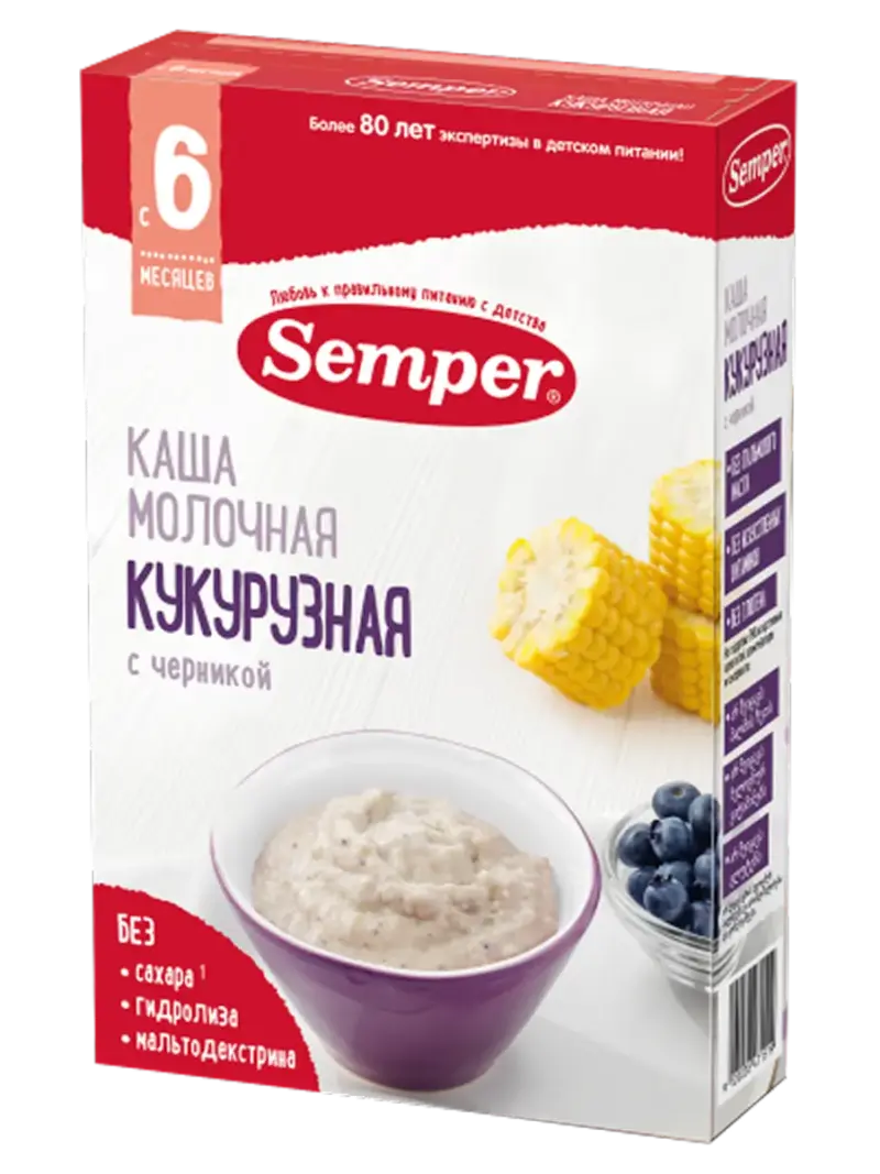 Каша детская Semper молочная кукурузная черника 6+ мес