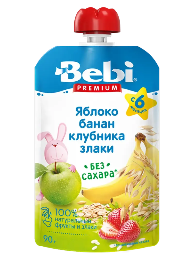 Пюре детское Bebi яблоко-банан-клубника со злаками 6+ мес