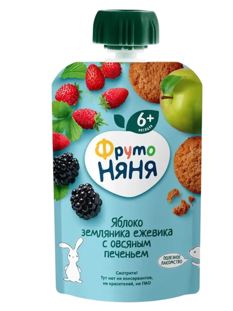 Пюре детское ФрутоНяня яблоко-земляника-ежевика с печеньем 6+ мес