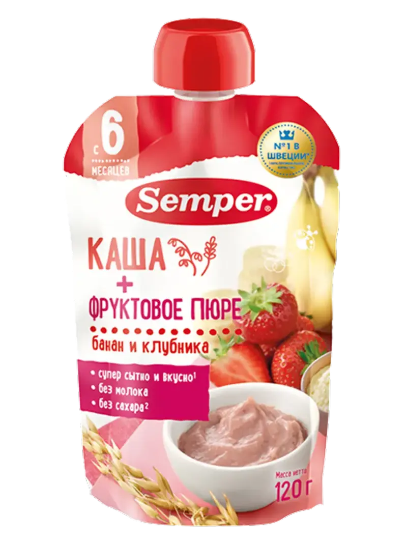 Пюре детское Semper со злаками банан-клубника с кашей 6+ мес