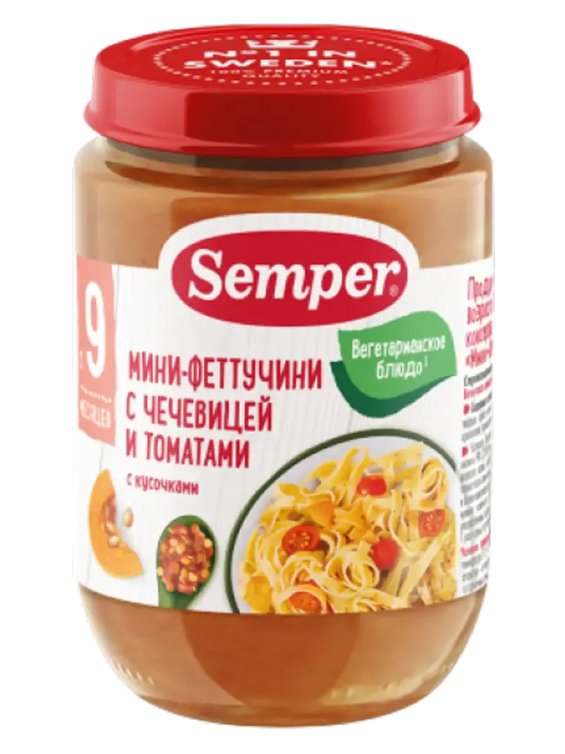 Пюре детское Semper феттучини с чечевицей и томатами 9+ мес