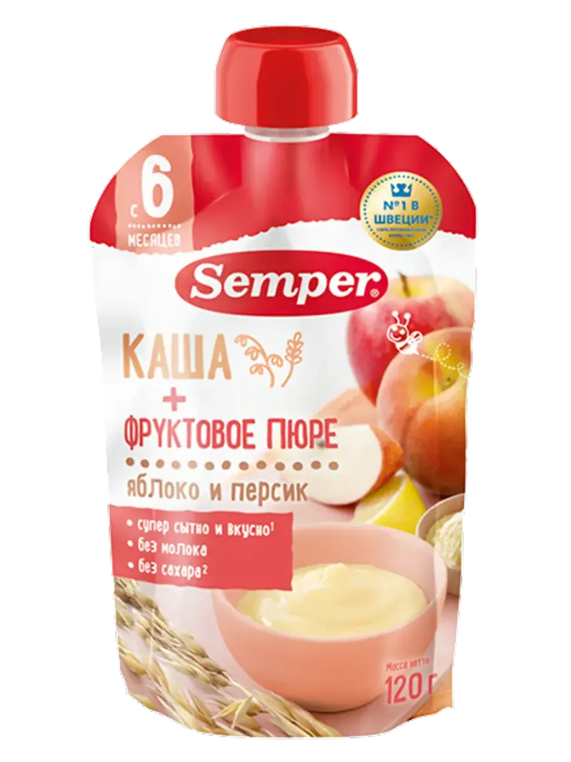 Пюре детское Semper со злаками яблоко-персик с кашей 6+ мес