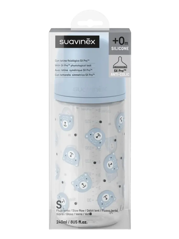 Бутылочка для кормления стеклянная Suavinex Wild голубая 3+ мес Бутылочка для кормления стеклянная Suavinex Wild голубая 3+ мес