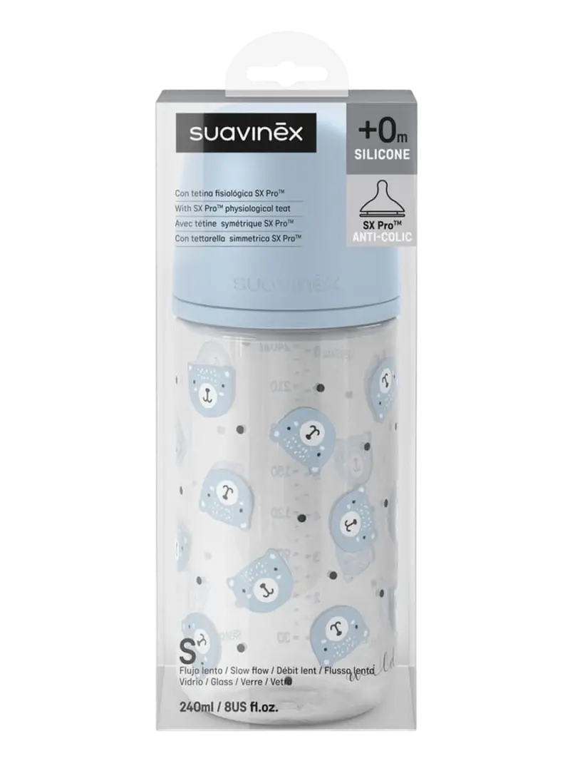 Бутылочка для кормления стеклянная Suavinex Wild голубая 3+ мес