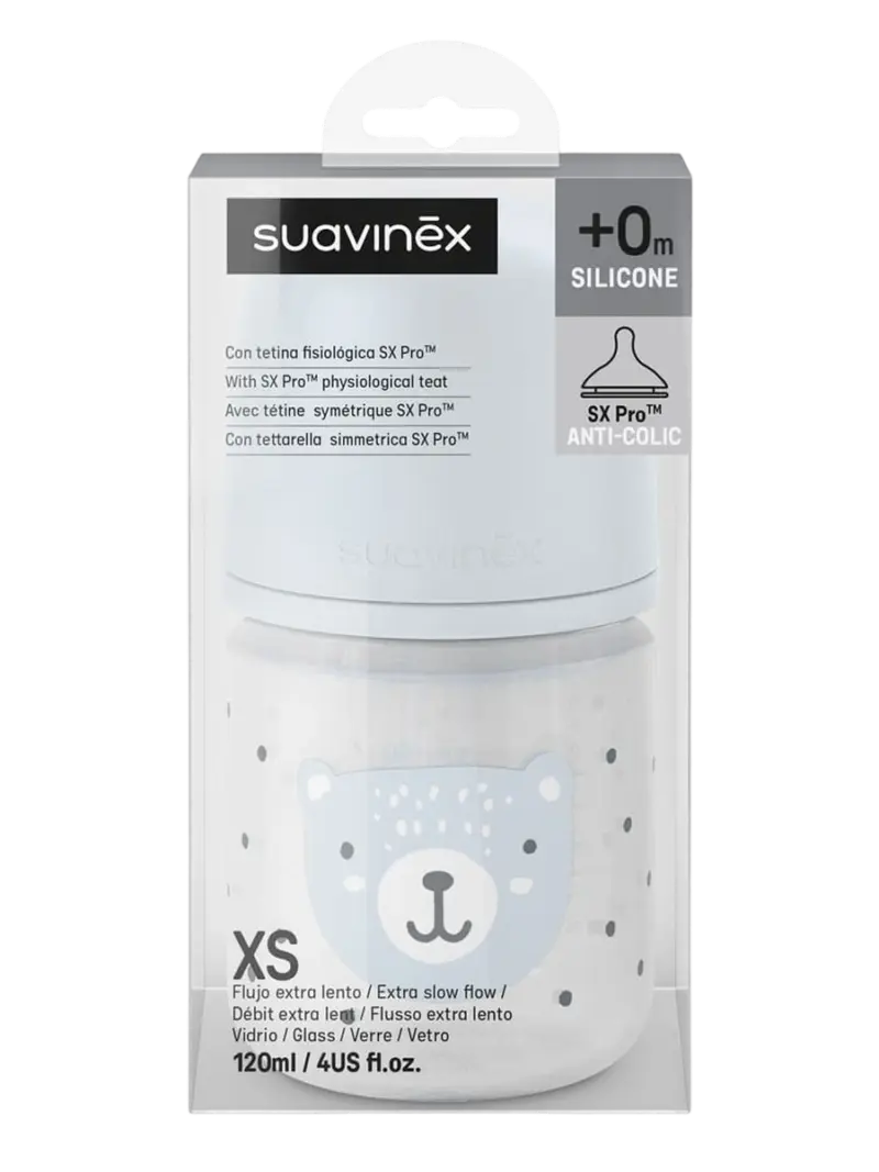 Бутылочка для кормления стеклянная Suavinex Wild голубая 0+ мес